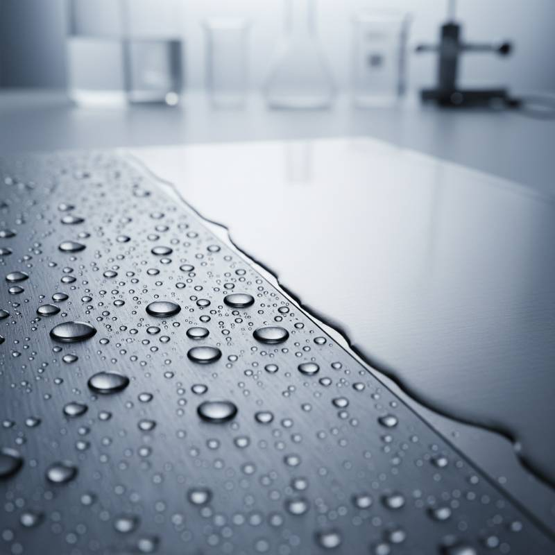 Macro view of water droplets on a titanium surface showing dropwise condensation vs film on steel