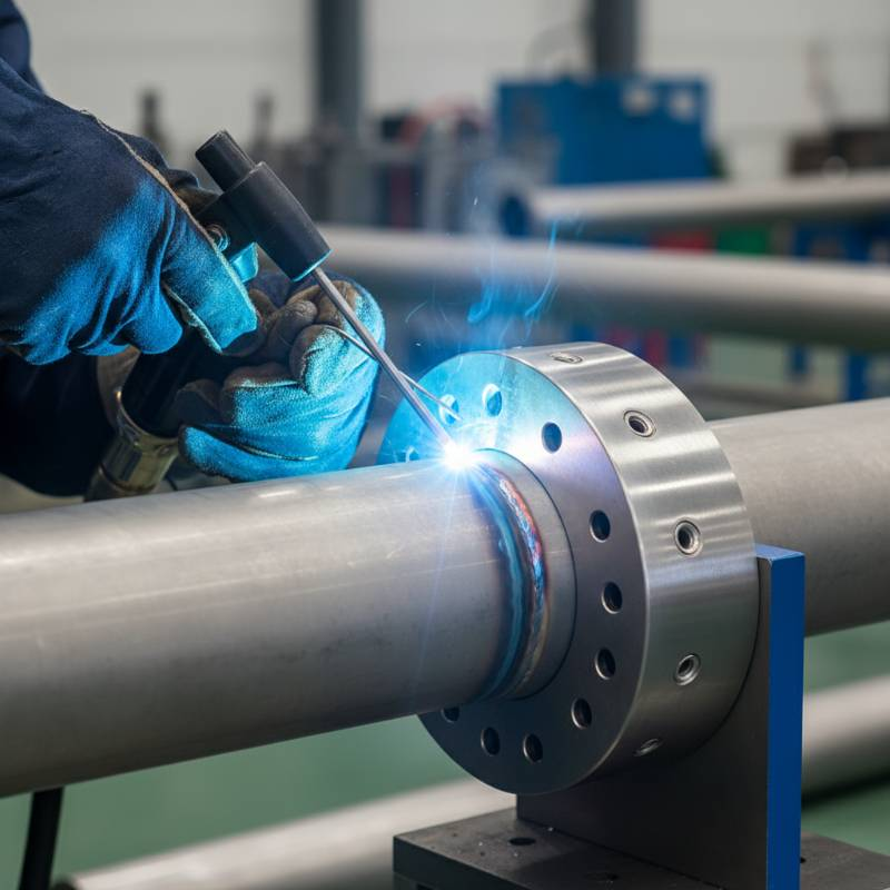 Close up of GTAW welding on titanium pipe with a trailing shield