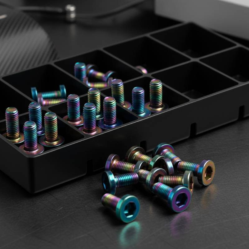 Close-up of colorful anodized titanium bolts in a tray