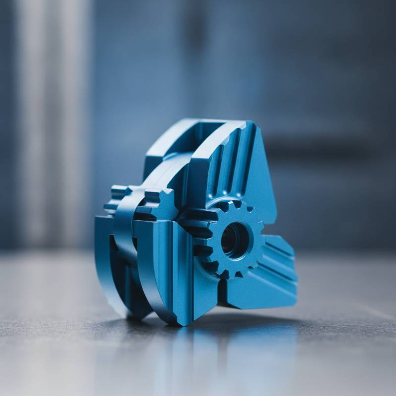 Close-up of precision CNC machined titanium part with blue anodized finish