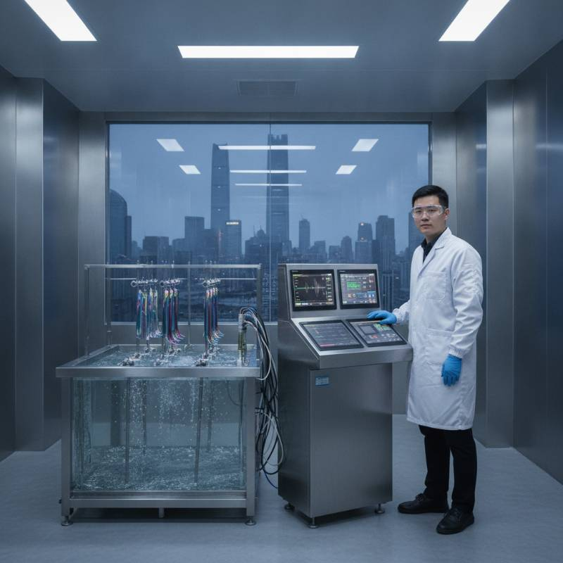 A technician monitoring a high-tech titanium anodizing bath with digital control panels A technician monitoring a high-tech titanium anodizing bath with digital control panels