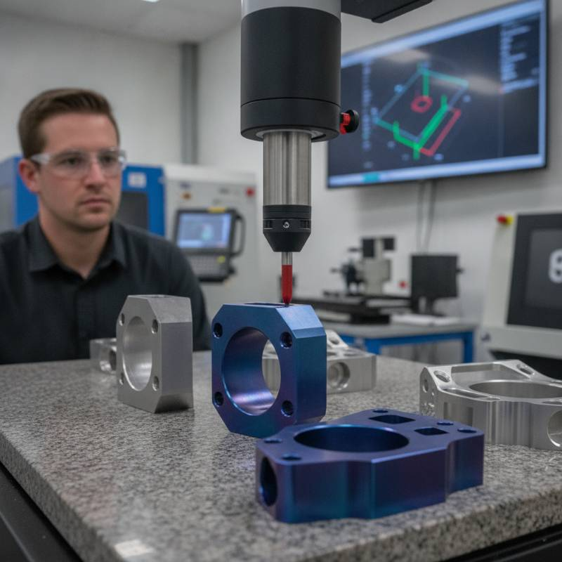 Precision titanium parts being measured with CMM after anodizing