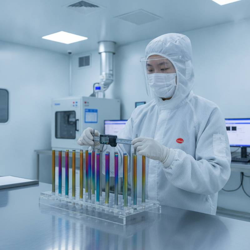 A technician inspecting anodized titanium rods in a cleanroom environment