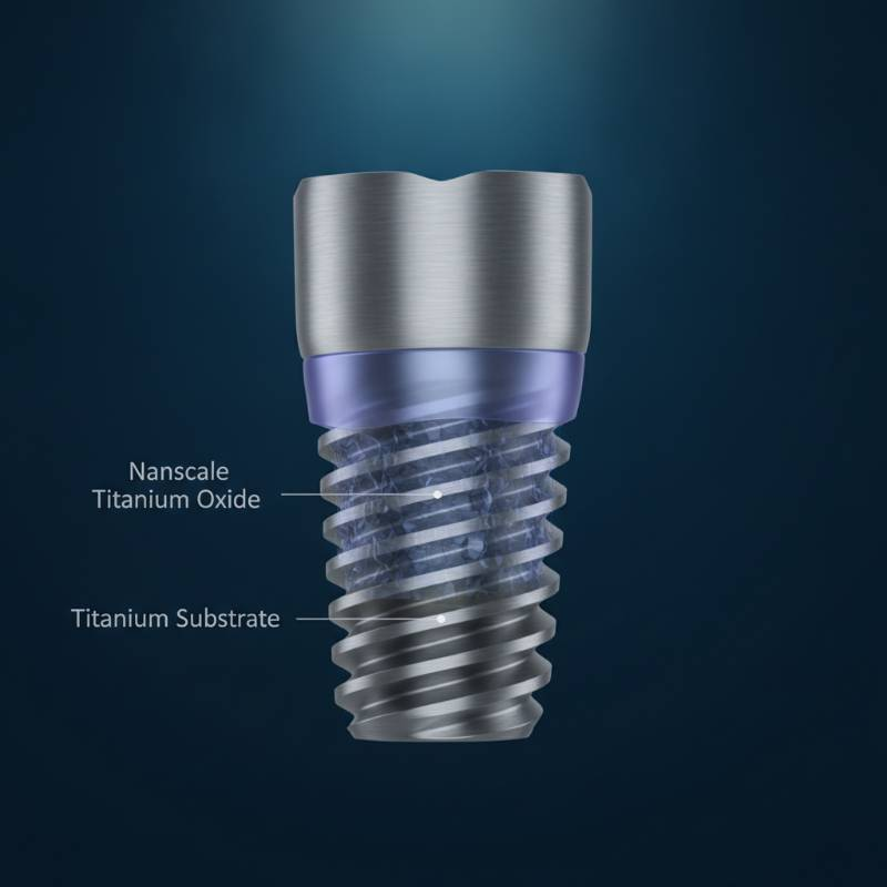Technical diagram showing the nanoscale oxide layer on a titanium thread profile