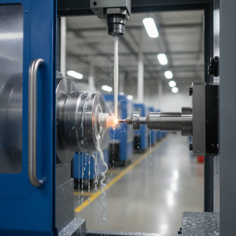 CNC Swiss lathe machining a complex titanium fastener with coolant spray