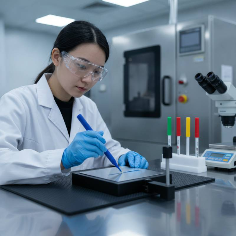 Industrial quality control lab testing titanium surface energy with dyne pens
