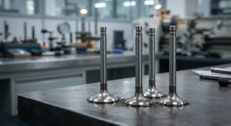 Close up of CNC machined titanium racing valves with a precision finish
