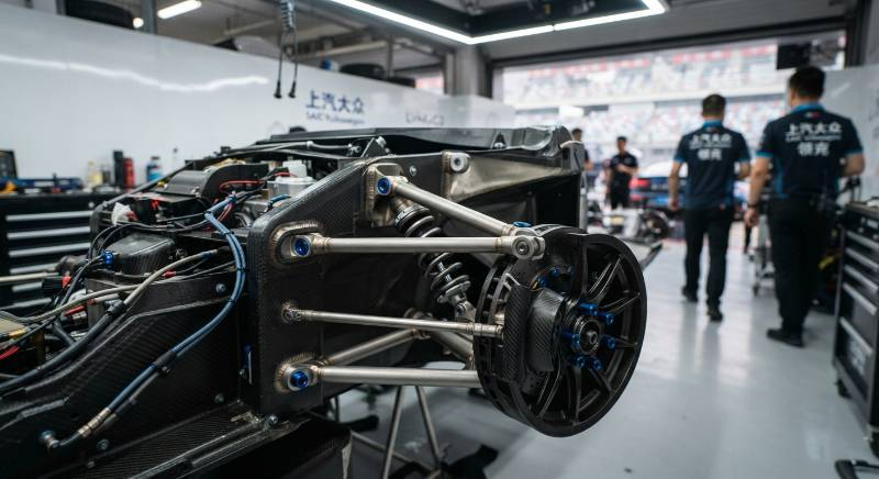 Titanium suspension components and blue anodized wheel bolts on a race car chassis