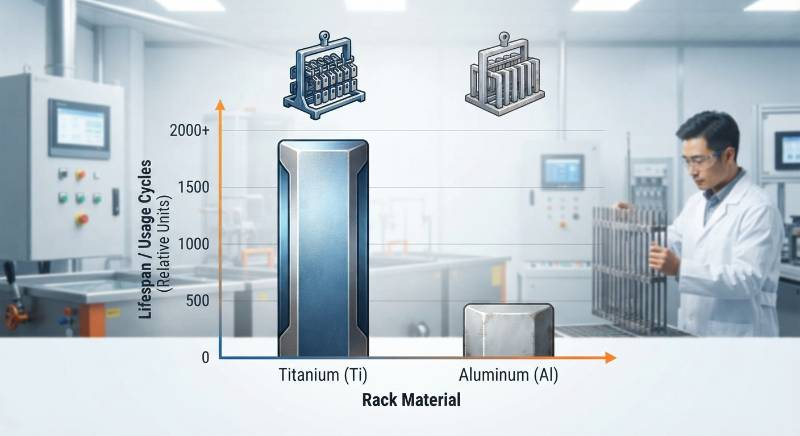 Graphic chart comparing the lifespan of titanium vs aluminum anodizing racks Graphic chart comparing the lifespan of titanium vs aluminum anodizing racks