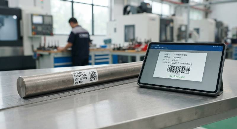 Close up of a titanium rod with a barcode label and digital tablet