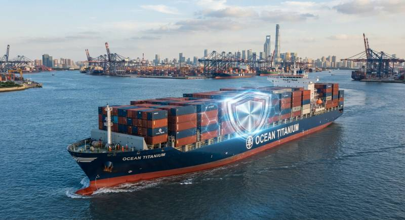 Cargo ship carrying containers with a titanium alloy overlay graphic