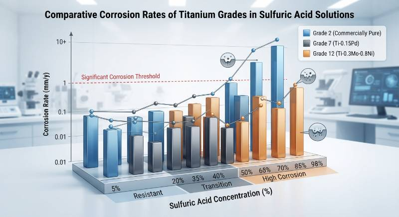 Technical chart showing corrosion rates of titanium grades in sulfuric acid Technical chart showing corrosion rates of titanium grades in sulfuric acid