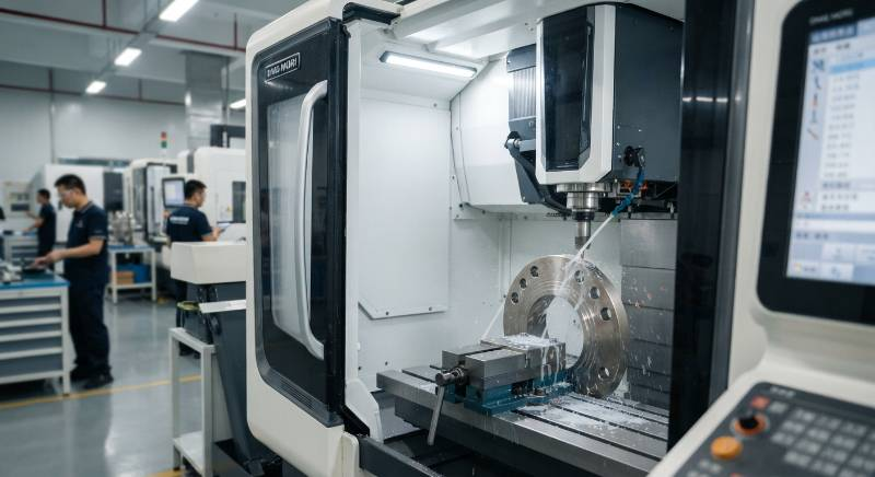 Industrial CNC machine milling a titanium grade 7 flange Industrial CNC machine milling a titanium grade 7 flange
