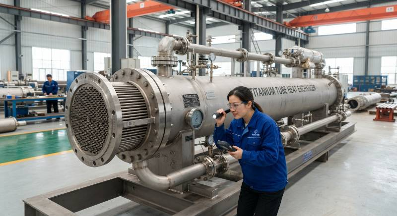 Large industrial heat exchanger with titanium tubes Large industrial heat exchanger with titanium tubes