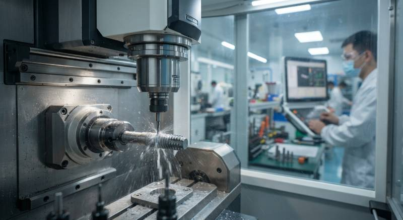 A high precision CNC machine carving a titanium dental implant A high precision CNC machine carving a titanium dental implant