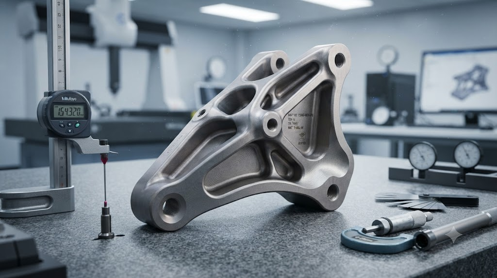 CNC machined titanium aerospace part.