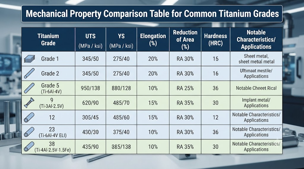 Mechanical Property Comparison Table for titanium grades
