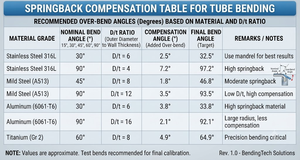 Springback Compensation Table for Tube Bending
