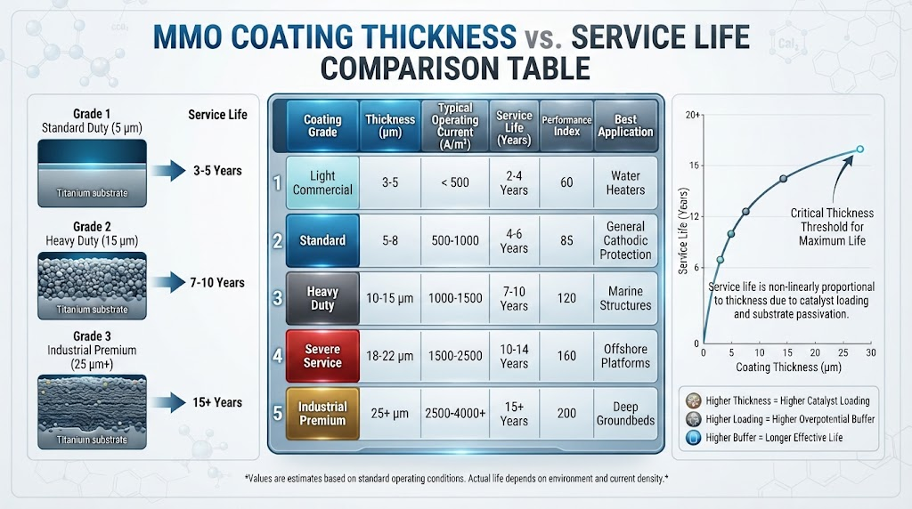 MMO Coating Thickness vs. Service Life Comparison Table visual representation