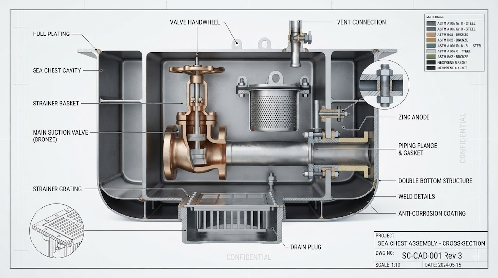 High-Definition CAD Cross-Section of a Sea Chest Assembly High-Definition CAD Cross-Section of a Sea Chest Assembly