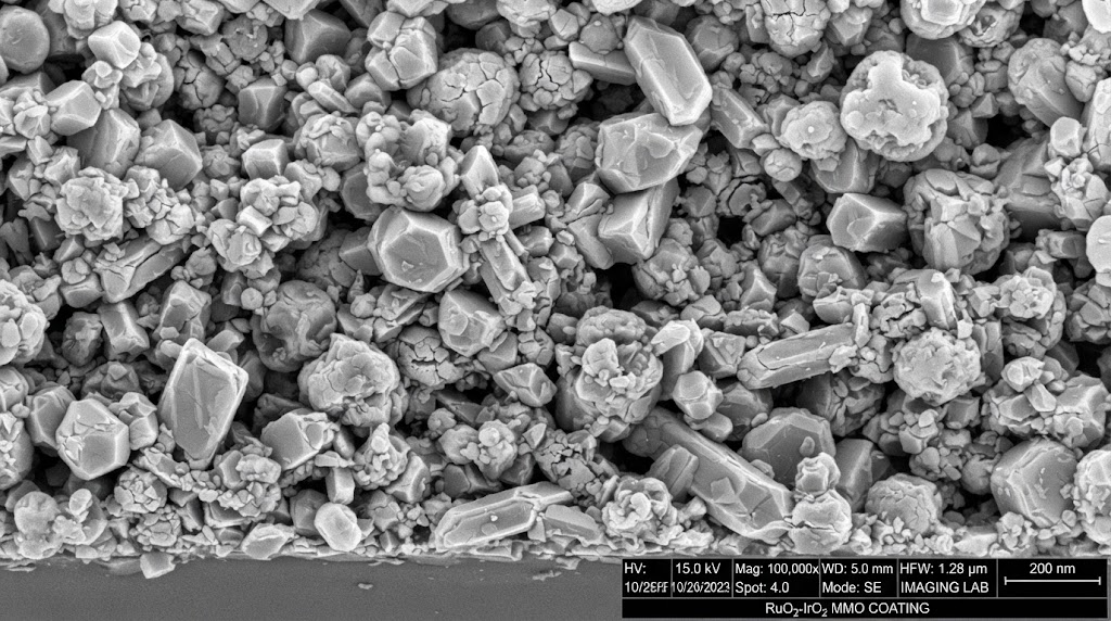 MMO Coating Microstructure SEM Image showing the crystalline surface of Ruthenium-Iridium oxide