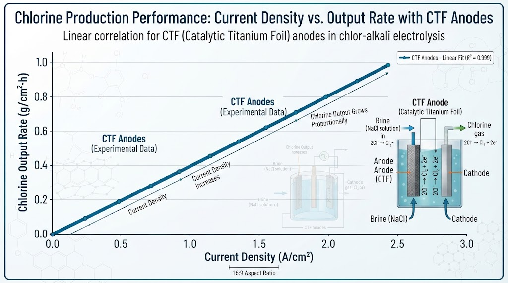 Chlorine Output vs. Current Density Graph showing linear growth with CTF anodes