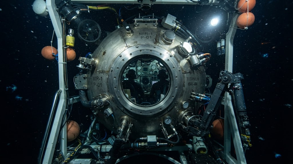 Deep-sea submersible titanium pressure hull in dark ocean