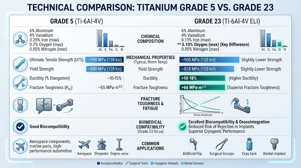 Technical chart comparing titanium Grade 5 and Grade 23