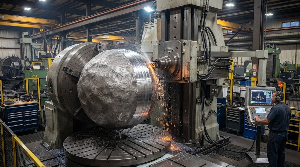 Large titanium spherical forging being machined