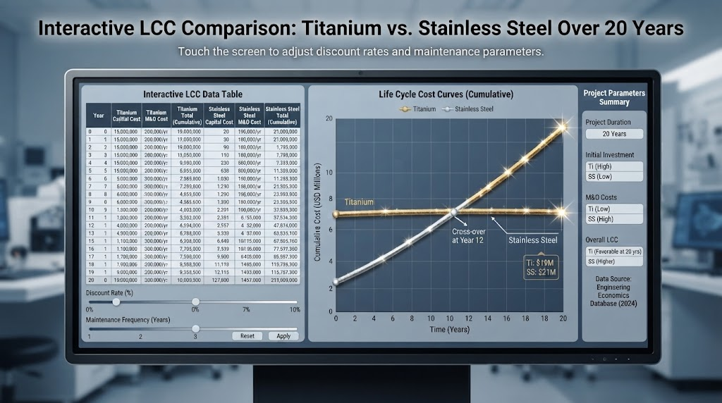 Interactive LCC Comparison Table showing cost curves of titanium vs stainless steel over 20 years Interactive LCC Comparison Table showing cost curves of titanium vs stainless steel over 20 years