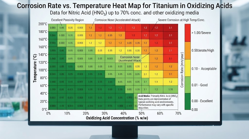 Corrosion Rate vs. Temperature Heat Map for titanium in oxidizing acids Corrosion Rate vs. Temperature Heat Map for titanium in oxidizing acids