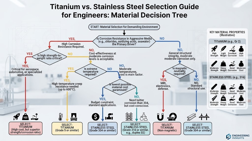 Titanium vs. Stainless Steel Decision Tree Infographic for engineers Titanium vs. Stainless Steel Decision Tree Infographic for engineers