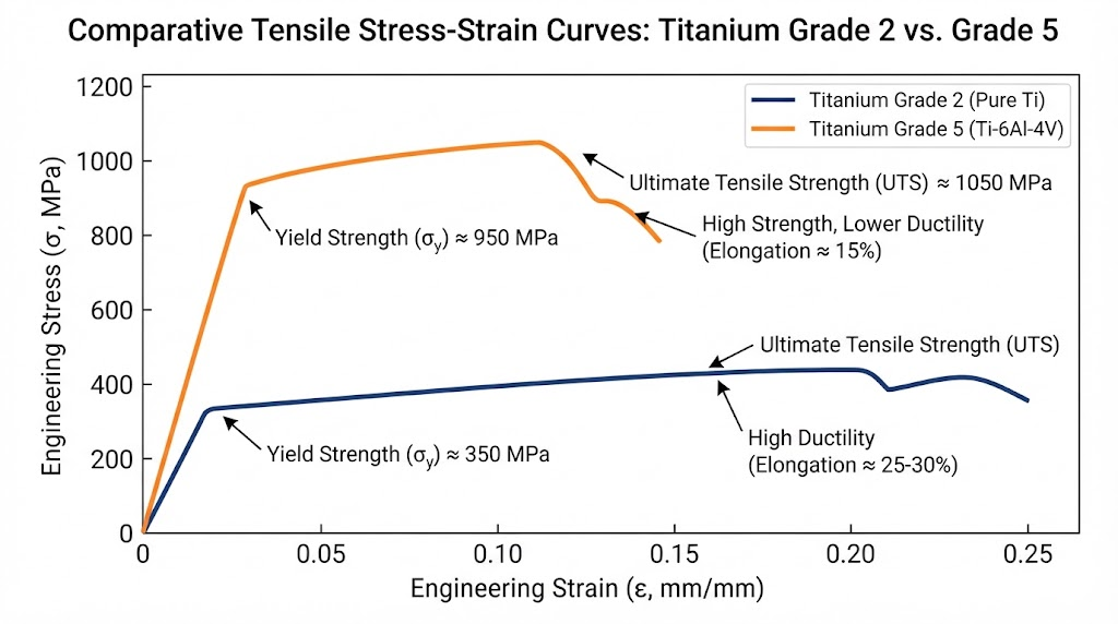 Stress Strain Titanium Curve Grade 2 vs Grade 5