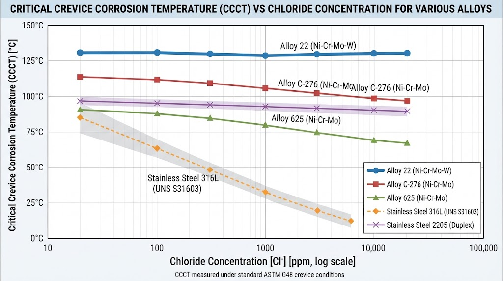 Critical Crevice Corrosion Temperature vs Chloride Concentration Graph Critical Crevice Corrosion Temperature vs Chloride Concentration Graph