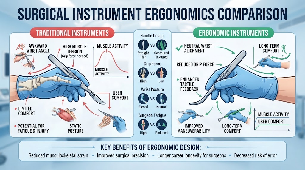 Surgical instrument ergonomics comparison diagram