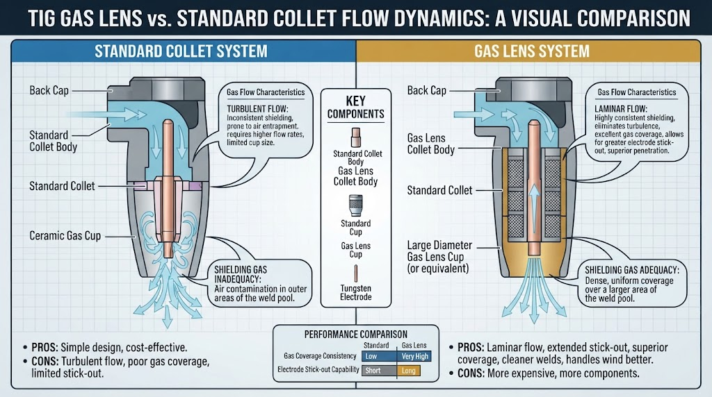 TIG gas lens vs standard collet flow diagram TIG gas lens vs standard collet flow diagram