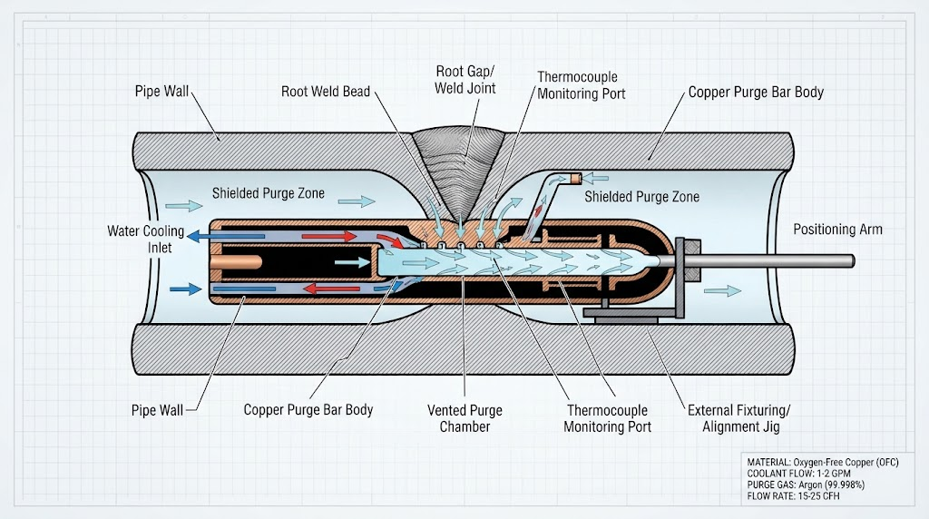 Vented root purge bar cross-section CAD schematic Vented root purge bar cross-section CAD schematic