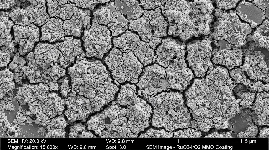 Scanning electron microscope RuO2 IrO2 coating microcracks Scanning electron microscope RuO2 IrO2 coating microcracks
