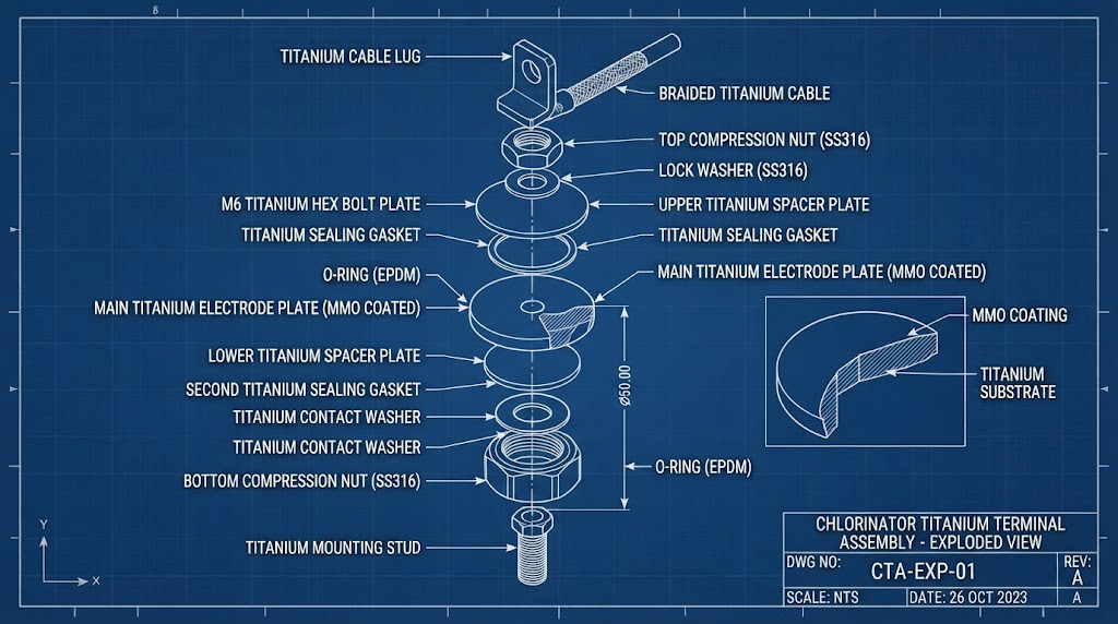 Exploded CAD blueprint chlorinator titanium terminal assembly Exploded CAD blueprint chlorinator titanium terminal assembly