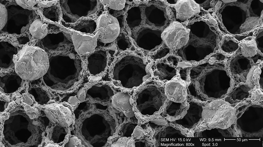 Sintered porous titanium microstructure SEM view