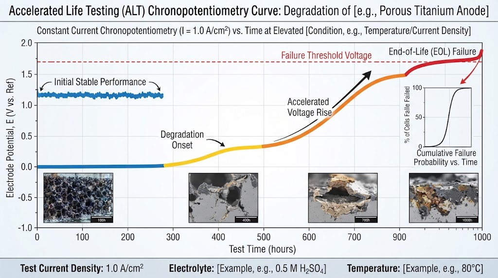 Accelerated life testing chronopotentiometry curve