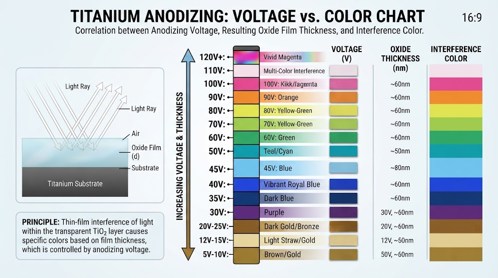 Voltage versus color chart for titanium anodizing