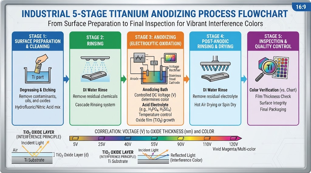 Industrial 5 stage titanium anodizing process flowchart