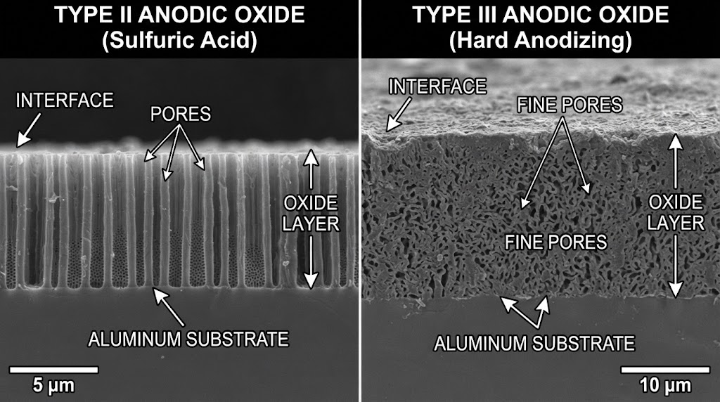 Cross section SEM micrograph Type II versus Type III oxide layers