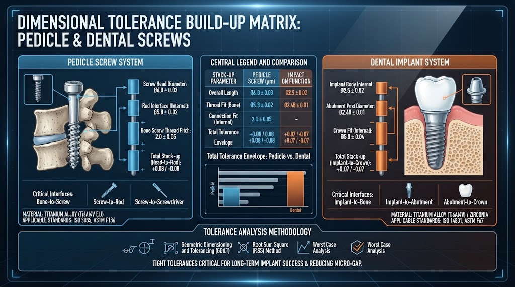 Dimensional tolerance build up matrix for pedicle and dental screws.