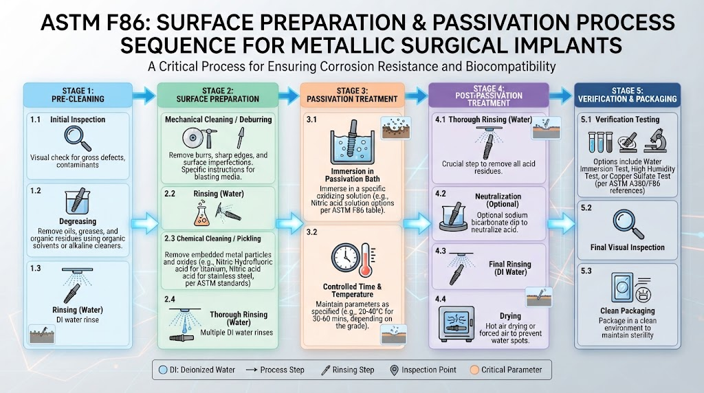 ASTM F86 surface preparation and passivation process sequence diagram