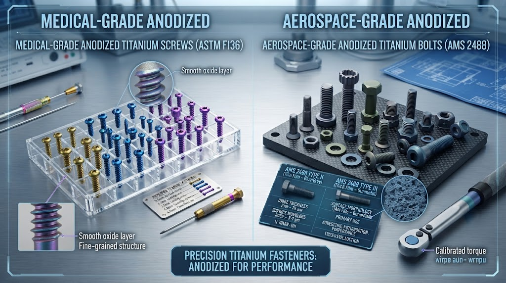 Anodized titanium medical screws and aerospace bolts