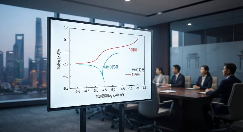 Polarization curve diagram comparing MMO and lead anode
