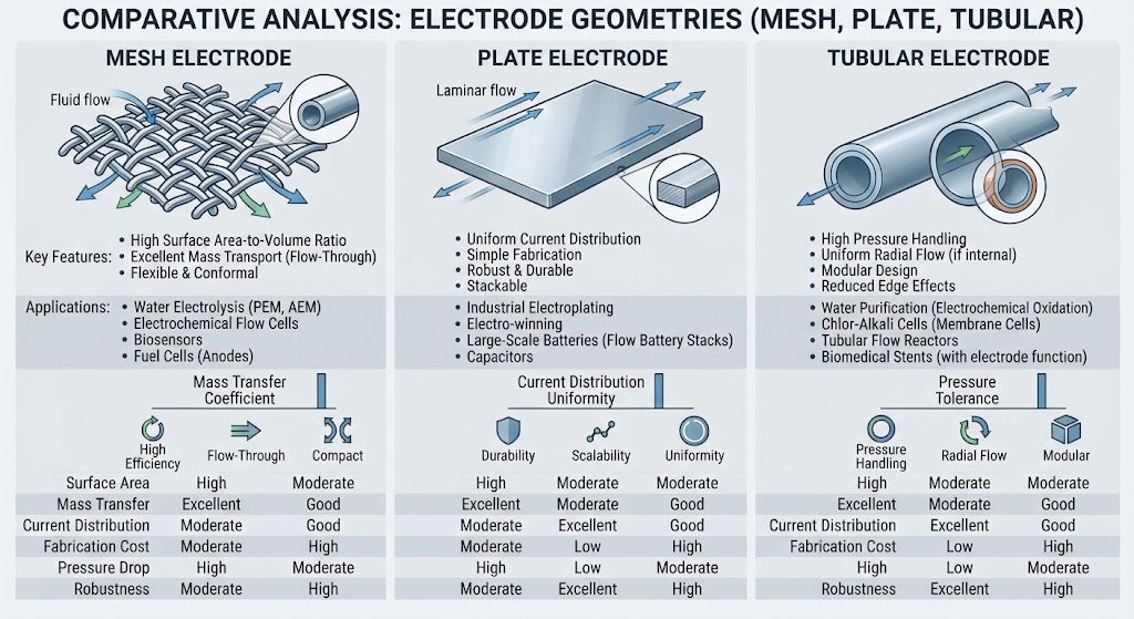 Electrode geometries mesh plate tubular comparison
