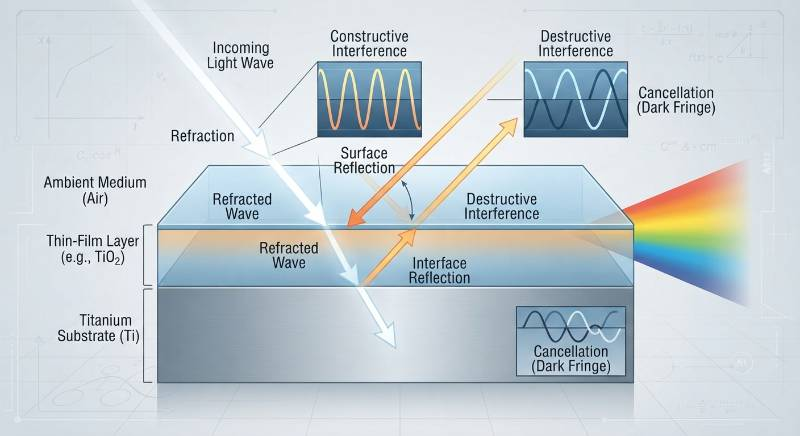 Thin-Film Optical Waveform Interference and Refraction Diagram on Titanium Substrate